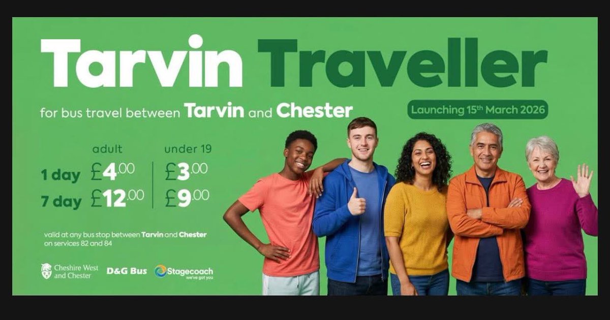 ElizabethMacgl1's tweet image. 🎟️ Cheshire West and Chester Council is introducing the Tarvin Traveller, a multi-operator ticket that allows passengers to travel on both Stagecoach and D&amp;amp;G bus services (routes 82 and 84) between any bus stop from Tarvin to Chester Bus Interchange.
#oneticket #publictransport