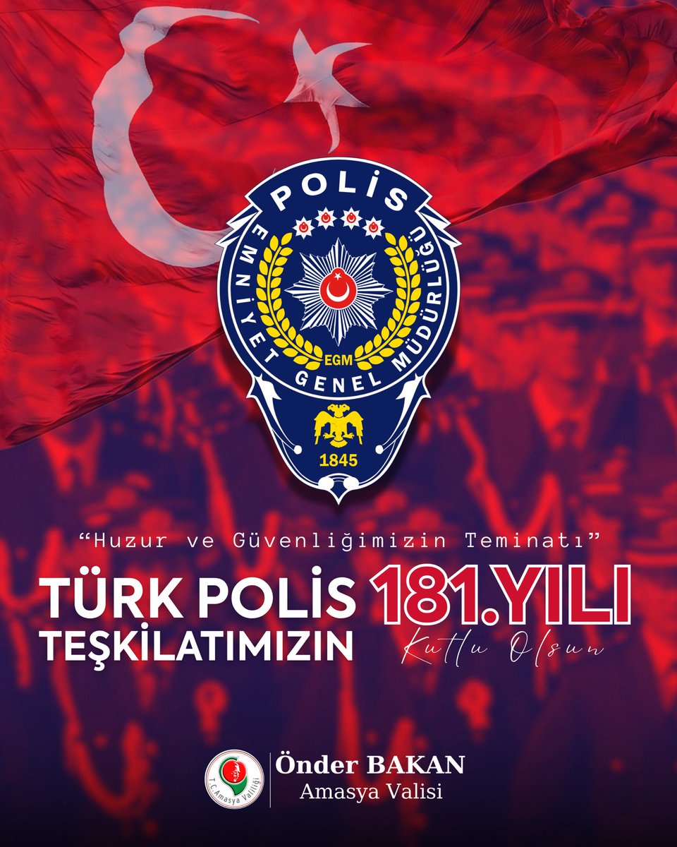 Amasya'mız ile Ülkemizin huzur ve güvenliği için fedakarca görev yapan Polis Teşkilatımızın 181. Kuruluş Yıl Dönümünü kutluyor; görevleri uğruna canlarını feda eden Kahraman Şehitlerimizi rahmet ve hürmet, Gazilerimizi de minnetle yâd ediyor, teşkilatımızın kıymetli mensuplarına