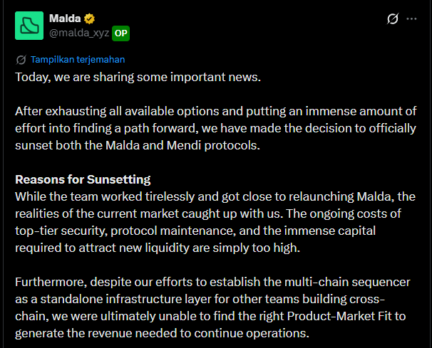 Monothiez's tweet image. Another project shutting down.

"Malda"

Did you click this project??