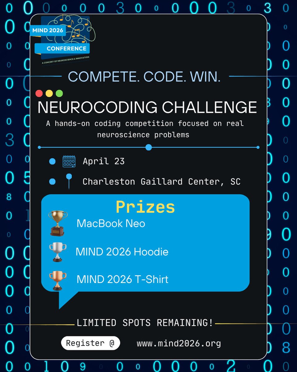 muscmind's tweet photo. The MIND 2026 Neurocoding Challenge is coming up in 5 days!

If you’ve been thinking about signing up, there’s still time!

🗓️ April 23
📍 Charleston Gaillard Center, SC
🔗 https://t.co/zXotDKiZ3b https://t.co/3gL8rpfBq6