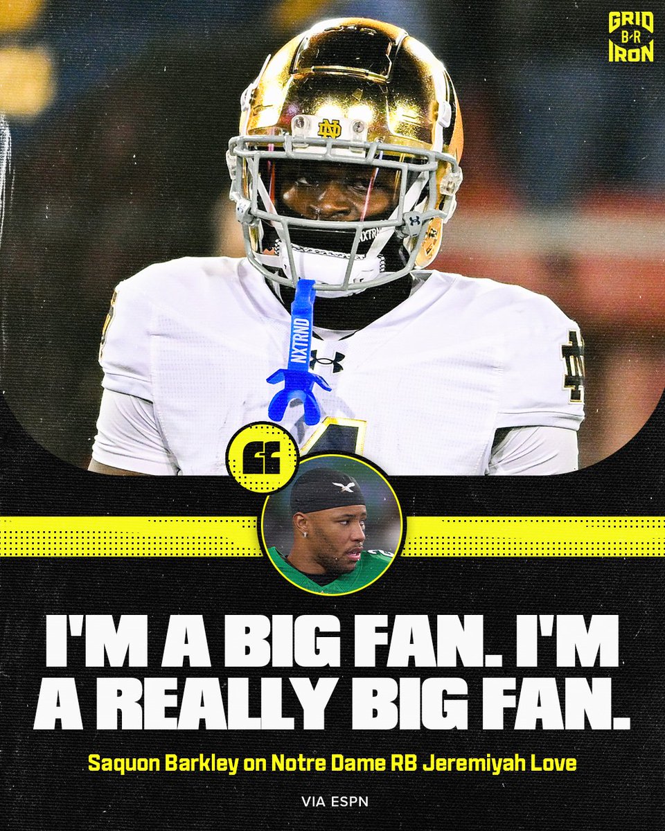 brgridiron's tweet photo. Saquon gasses up Notre Dame RB Jeremiyah Love 👀 https://t.co/4YGdSHaeFY