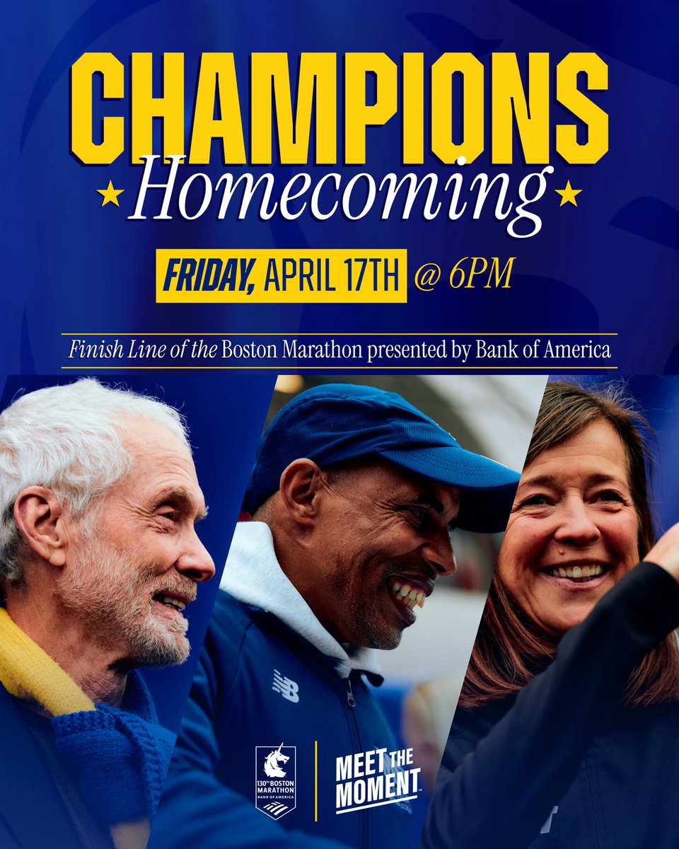bostonmarathon's tweet image. NEXT FRIDAY @ 6PM join us at the Finish Line of the #BostonMarathon presented by @BankofAmerica for the 2026 Champions Homecoming!🏆

Which Champs do you think will be there this year?🦄

Learn more about #Boston130 Finish Line programming: baa.org/races/boston-m…

#MeetTheMoment