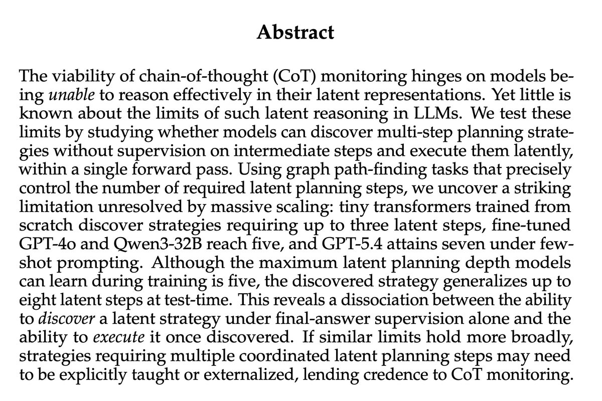 fly51fly's tweet photo. [LG] The Depth Ceiling: On the Limits of Large Language Models in Discovering Latent Planning
Y Xu, P Jettkant, L Ruis [University of Cambridge &amp; Imperial College London &amp; MIT] (2026)
https://t.co/qXRCjH7XRl https://t.co/tE9QRjeZXq