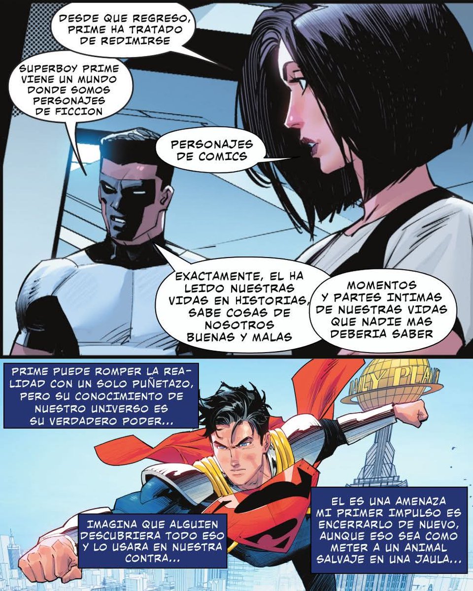 Me encanta que en esta Run de Superboy Prime se reconozca que el tipo es una amenaza apocalíptica no solo por ser infinitamente más fuerte que el superman común, sino porque al ser consciente de que está en un comic, tiene conocimiento absoluto sobre todo el multiverso.