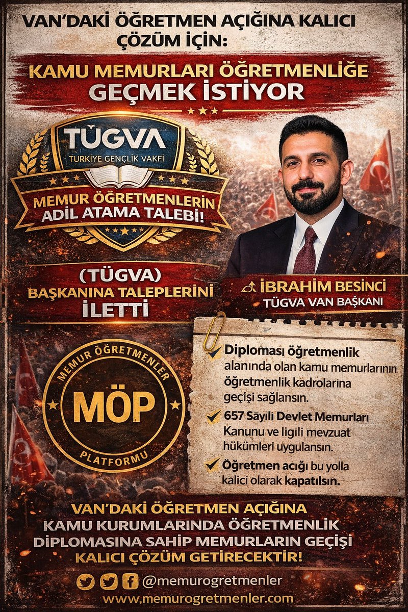 Sn <a href="/ibrahim_besinci/">İbrahim Beşinci</a>,
Sn <a href="/Yusuf__Tekin/">Yusuf Tekin</a> bakanımıza Van'daki öğretmen açığının kapatılması <a href="/NecdetTakva/">Necdet Takva</a> <a href="/bycandiroglu/">Bilal Hoca</a> <a href="/ArvasAbdulahat/">Abdulahat Arvas</a> <a href="/Burhan_Kayaturk/">Burhan Kayatürk</a> <a href="/AK_PartiVan/">AK Parti Van</a> arz ve talep ediyoruz. 

<a href="/isamesihsahin/">İsa Mesih Şahin</a> <a href="/drbetulsayan/">Dr.Betül Sayan Kaya 🇹🇷</a> <a href="/zorlu77/">Prof.Dr.Kürşad ZORLU</a> <a href="/PrfDrFilizKilic/">Prof. Dr. Filiz KILIÇ</a> <a href="/ProfDrAGurcan/">Ayşen Gürcan</a> <a href="/cftcblnt/">Bülent ÇİFTCİ</a> <a href="/Vanliamcan/">VANLI AMCAN</a>