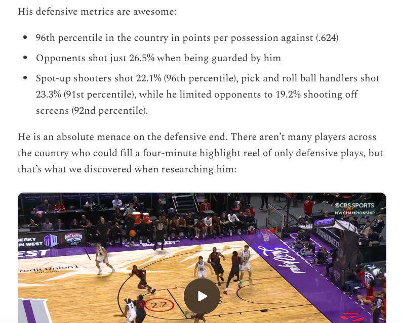 Kevin_Farrahar's tweet photo. Some of Miles Byrd's most impressive defensive numbers:

- 96th percentile in the country in points per possession against (.624)
- Opponents shot just 26.4% when being guarded by him
- San Diego State's Defensive Efficiency ranks the past four years: 16th, 16th, 11th, 4th. https://t.co/rIPNzlusVT