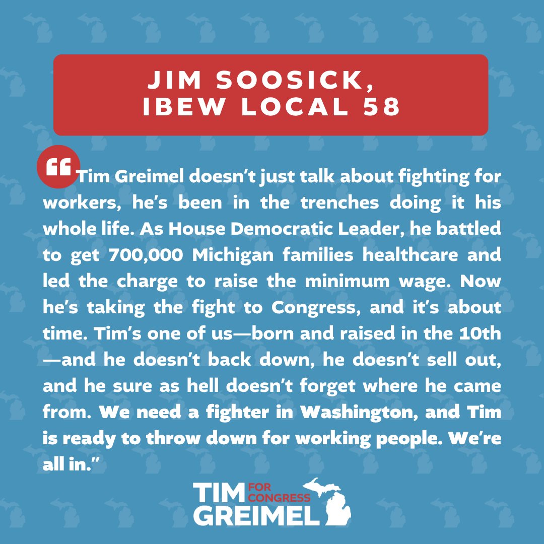 TimGreimelMI's tweet photo. I'm honored to have the backing of IBEW Local 58.

Working people need a fighter in Congress who'll battle for good-paying jobs, strong unions, and an economy for everyone—not just billionaires and the well-connected. That's why I'm running, and in Congress I'm ready to deliver. https://t.co/c9mM8SWJ7d