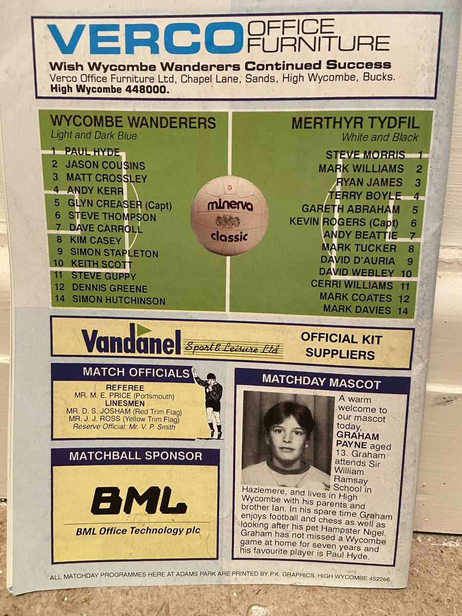 ggoford's tweet photo. Today’s #footballflashback is the programme from my first match at @wwfcofficial back in 1992. A thumping win over Merthyr Tydfil in the #facup along with some cracking notes from the legend that is Martin O’Neill #wycombe And the mascot had a hamster called Nigel! 🐹 #hamster https://t.co/306u4TyAej