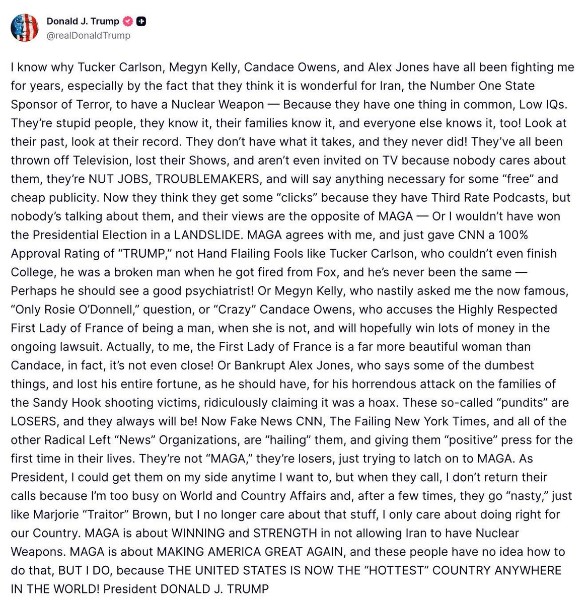 Dieses Statement ist derart entkoppelt, delulu und realitätsfern, dass man gar nicht weiß, wo man anfangen soll. In allen westlichen Gesellschaften ist Trumps Krieg gegen den Iran nicht nur massiv unbeliebt, sondern wird als regelrechter Wählerverrat und psychotischer Einzelgang