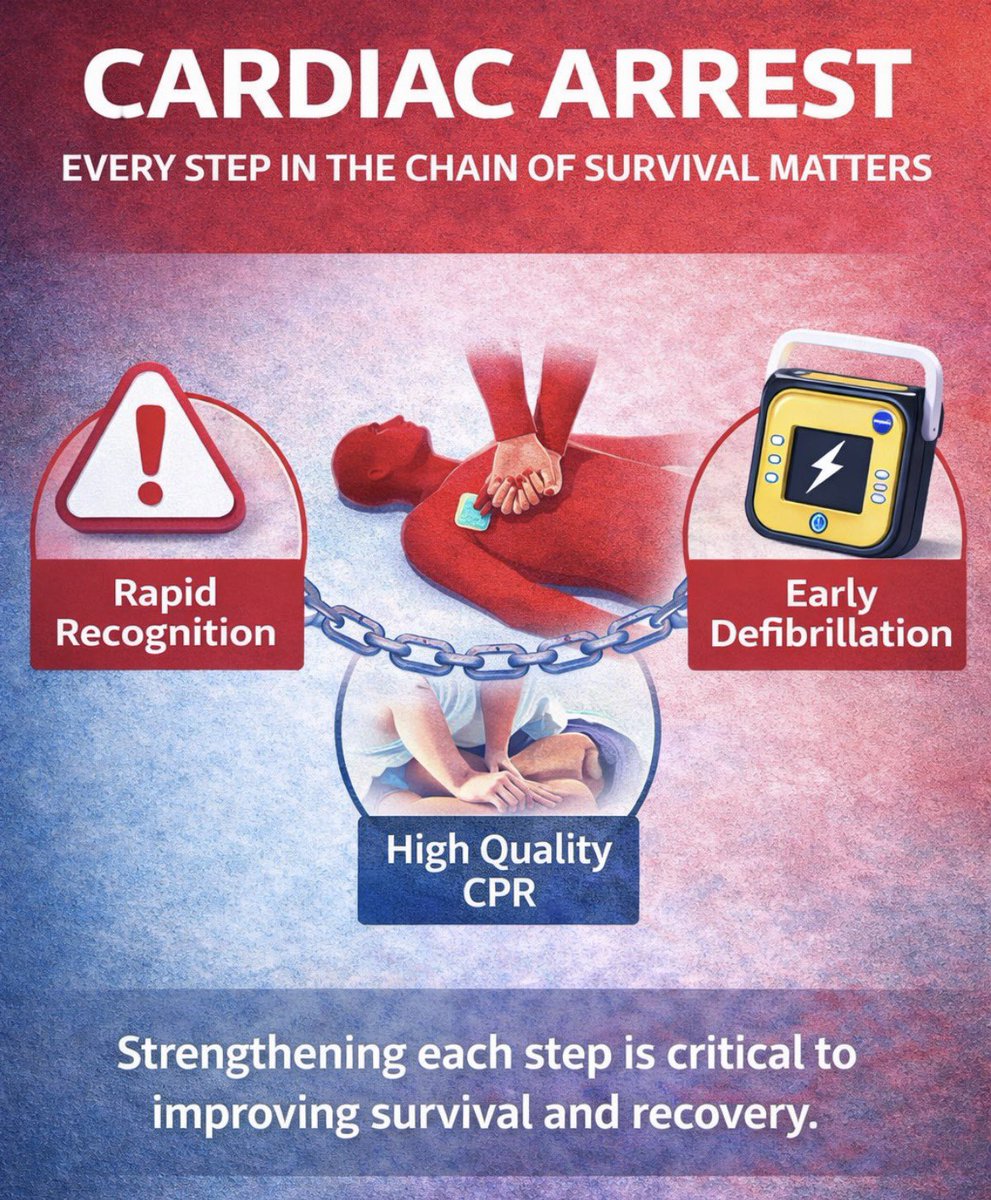 ZainKhalpey's tweet image. Cardiac arrest outcomes depend on rapid recognition, high quality CPR, and early defibrillation. 

Strengthening every step in the chain of survival is critical to improving survival and recovery.

#MedTwitter #CardiacArrest #CPR #EmergencyMedicine