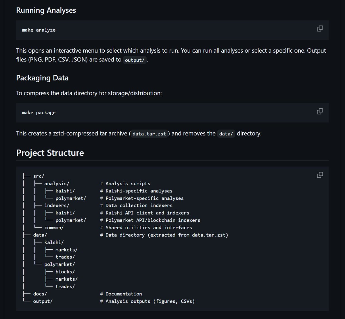 recogard's tweet photo. 36 GB of real analytical data based on over 72 million Polymarket trades is available on GitHub and its absolutely free…

This is the largest public prediction market dataset I have ever found.

Here is how you can actually use it for trading on Polymarket, with a real example:

This tool allows you to create your own strategies based on real historical market data. 

For example, u can analyze how typically prices behave right before the market resolves or right after it opens. You can also explore which market categories are more volatile than others, or find patterns in price movement that repeat over time.

Now lets imagine - u have already analyzed a huge number of trades using this tool and noticed a pattern. For example, in movie markets u discovered that they are less volatile and usually have a clear winner right from the start (with the highest % probability) - this is just a simple example. 

And after that, you can use the second tool from GitHub - a working simulator built on this exact dataset. This simulator takes all past markets, analyzes their behaviour from open to close and applies your own strategy to them. As a result, it calculates the potential accuracy, pnl and risks as if u had actually made all these trades yourself. 

So, you take your strategy - Always buy the most probable outcome at market open only in movie markets. 

And the simulator tests this strategy across all existing past movie markets and gives u the success rate of this strategy. Based on that, you have a chance to decide whether its actually worth using.

This way, you can test hundreds of such strategies without risking any real money at all, see their average performance and choose the best one for yourself or for your trading bot. 

If this post gets enough likes, I will run a real test of these two repos with proof and a detailed breakdown of how everything works. 

Here are these two repositories:

1. 36 GB dataset (also read the research paper from the dev): https://t.co/4SsAr896Tb

2. The simulator: https://t.co/fmzzTgXAUl