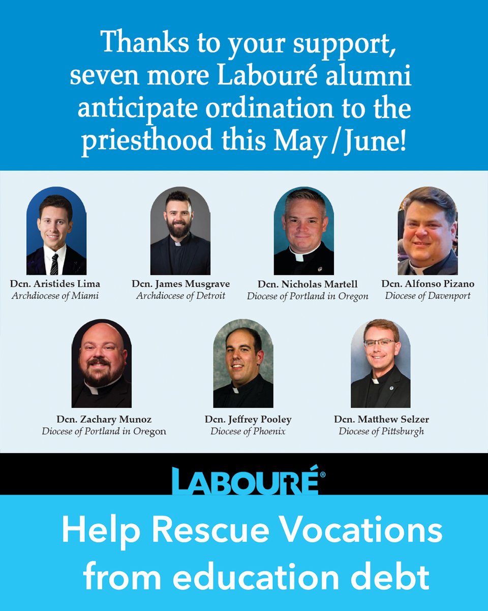 LaboureSociety's tweet photo. Thanks to your support, seven more Labouré alumni anticipate ordination to the priesthood this coming May/June!
Learn more at, https://t.co/ccGIbs6R5r
#catholicvocations #catholic #catholicchurch https://t.co/cHKonA5JpA