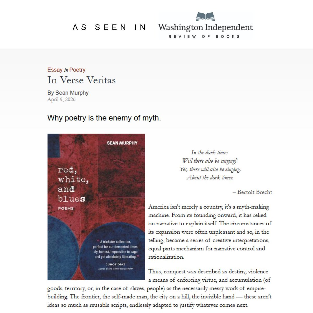 bullmurph's tweet image. red, white, and blues was featured in the Washington Independent Review!! 
Read now: washingtonindependentreviewofbooks.com/features/in-ve… ! #redwhiteandblues #essay #poetry #politicalpoetry