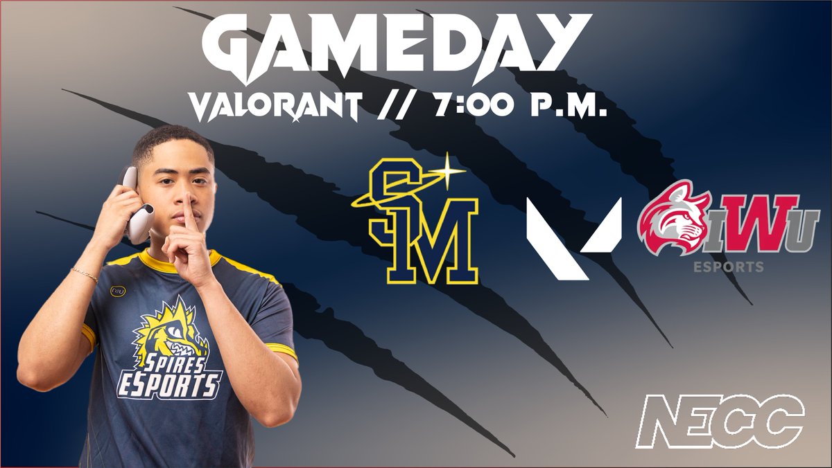 spiresesports's tweet photo. GAME DAY ❗️❗️❗️

USM Valorant faces off against Indiana Wesleyan University tonight in the NECC Playoffs!

Watch the Spires live on twitch as they look to advance to an NECC Championship!

#RollSpires https://t.co/UMZlZfbqPk