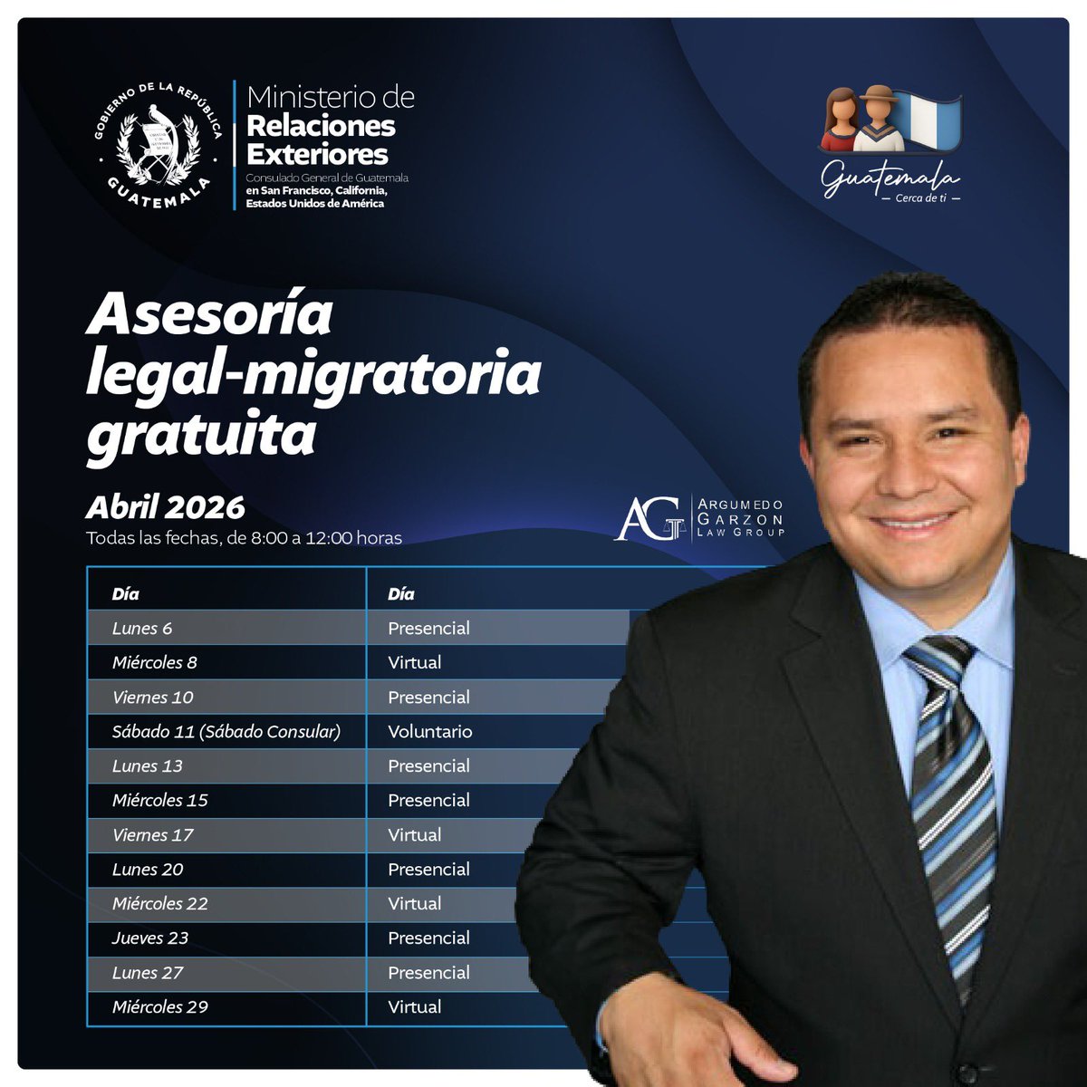 <a href="/Consulguatesf/">Consulado Guatemala SFO</a> junto con Argumedo Garzon Law Group, hace la cordial invitación para ofrecer sus servicios, completamente gratuitos y en un ambiente de confianza para la comunidad guatemalteca.✋

Ven, participa y aprovecha esta jornada dedicada a tu bienestar.
#GuatemalaCercaDeTi