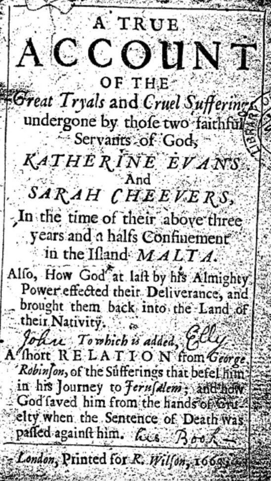 jdmccafferty's tweet image. 9 Apr 1659: Sarah Cheevers &amp;amp; Katharine Evans #English #Quaker missionaries, having been arrested five days earlier, are interrogated by the Inquistion at Birgu #Malta #otd Released in July 1662.