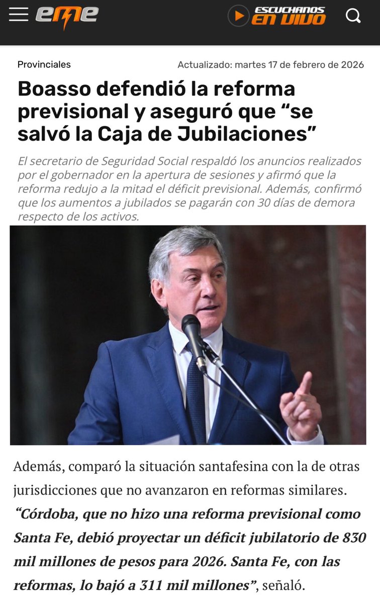 “Córdoba, que no hizo una reforma previsional como Santa Fe, debió proyectar un déficit jubilatorio de 830 mil millones de pesos para 2026. Santa Fe, con las reformas, lo bajó a 311 mil millones”. Debatí mejor con vos mismo <a href="/jrboasso/">Jorge Rosario Boasso</a>, que calculaste el déficit en 311 mil millones