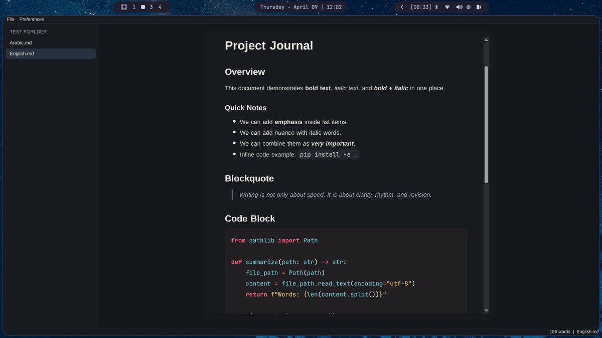 salimhabeshawi's tweet photo. 🚀 Excited to share Katib — an open-source Markdown editor built with Python.

If you like writing in Markdown and want a clean desktop experience, check it out:

🔗 https://t.co/0XvsG6gagA

#opensource #python #pyside6 #markdown #productivity #devtools #project https://t.co/nO5aq842Bi