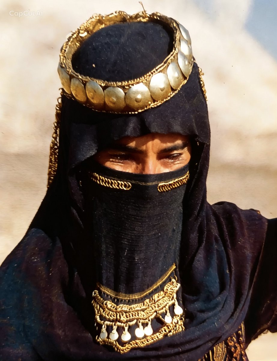 albyan_qh's tweet photo. ٢- ملابس النساء : 
من أشهر ملابس المرأة القناع ويشبه الغترة (الشماغ) لونه أسود وهو قماش غليظ يُلبس على الجبهة، ومطرز، بالخرز وحبوب فضة صغيرة وفي الوسط خاتم فضة بين العينين ثم يلبس معه الملثم، ويشبه النقاب في وقتنا الحاضر، ومطرز بالحرير وفي وسطه تطريز خط واحد على مقاس الإصبع وفي آخره مقاس ثلاثة أصابع مطرز من الحرير والفضة بالعرض كاملا ويتدلى من اليمين واليسار سيران من الفضة، ثم تلبس المعانق أو القلائد من الأحجار الكريمة. ثم يلبس الدايل مخيط في القناع يمين المرأة وشمالها وخلفها، والجدايل مطرزة بالفضة والحرير، وتلبس عليها السير هو شبيه بالعقال، إلا أنه مصنوع من الفضة، ويعلق على الدايل ما يعرف بالتلال، ذات شكل مثلث من الفضة يتوسطها خرز من العقيق الأحمر.
هناك لباس عرف بالطيار يوضع على السير ومكون من سيرين متقاطعين: بشكل ومكون من حبات الودع والفضة ولا يوجد امرأة بالغة بدون غطاء، وكان من الواجبات على النساء تغطية وجوههن بالبرقع وعدم نزعه حتى أمام أخواتهن وأزواجهن إلا وقت النوم والعباءة تصنع من الصوف الخشن. 
ومن ملابس النساء ثوب أبيض يتم صبغه بالرمان فيصبح ذا لون أحمر وتخاط جنوبه بأشكال مثلثة وضيق من الأعلى وواسع من الأسفل.
أما ملابس الأطفال فهي - تقريباً _ تشبه ملابس الآباء والأمهات، إلا أن الفتاة في صغرها تلبس (المخنق) ، بدل البرقع والشيلة ، ويعمل للأطفال (اللباب) ، مجموعة من أوراق عطرية من الموجودات المحلية وتوضع في جلد على صدر الطفل وفي حلقه تحديدا، وذلك للأطفال الصغار من يوم إلى (٣) سنوات يمنع وصول لعاب الطفل أو ما يخرج من فمه من بقايا الحليب على جسده او ثيابه(.
وتلبس المرأة البدوية الشيلة، وتعرف باسم (القعيطات) ، ويتفنن النساء بزخرفتها بالحرير والصوف والفضة، وكن يطعمنها بالعقيق والخزر، ويلبسن على رؤوسهن ما يشبه العقال، ويسمى ( الوشيع)، مزين بالفضة وهو عصابة تعصب بها الشيلة: ومن أنواع الزينة الخاتم يوضع منسكباً من المفرق على الجبهة .
هناك نوع من الفضة يوضع على الجبهة ويعرف ب (القطبة) ولباس آخر في الحلق عرف باللبة، غير اللبابة التي للأطفال، وأكبر من اللبة الخرز، وتلبس على الصدر، وتلبس المسك على الساعدين، والمعاضد من الفضة ومكونة من حجر العقيق والفضة وتوضع في المعضد فوق ما يُعرف بالكَرسُوع ( المرفق ).
الوشام ويُعرف أيضاً بالوشعة يُحط من الشفة السفلى إلى اللحى ومن تحت الأنف إلى أعلى الشفة العليا، ومنها من يجعله نقطتين فوق الشفة العليا وتحت الشفة السفلى، والختمة وتعرف حاليا بالدبلة لتزيين الأصابع وتلبس نساء البادية الخلاخيل والأحزمة، والحزام مصنوع من الجلود ومطعم بالفصوص، ويُلبس بشكلٍ يومي، وحزام مصنوع من جلد مظفور من الماعز، ويسمى (العسيلي) ، ويلبس يوميا والهدف منه المحافظة على ضمور بطن المرأة، وفي أثناء حمل المرأة فإنها تلبس نوعا آخر من الأحزمة واسمه (حزام الرّوي) من أصواف أو من القماش (البز) ، وكانت النساء يلبسن الخصلٍ ويشبه السروال والزمام يُوضع في الجهة اليمنى من الأنف والخروص وتتزين أيضا بالكحل والحناء والنباتات العطرية والمسك والبخور، واستخدمن أيضا المشط والمفراق والمنظرة وغيرها من أدوات الزينة.