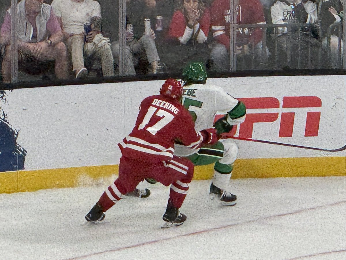 CollegePucksC2C's tweet photo. After 20 minutes in the @NCAAIceHockey #MFrozenFour @TMobileArena in Las Vegas, NV… it’s @BadgerMHockey 2 and @UNDmhockey 0! Badgers and their fans clearly #JumpingAround Simon Tassy and Ryan Botterill netting the Badger goals! @B1GHockey @TheNCHC @CollegeHockeyW @collegehockey @ITHSWTom @ITHSWScott @ITHSWPaul @ITHSWPeter @ITHSWSteven @ITHockeySWTwo @ithswpodcasts