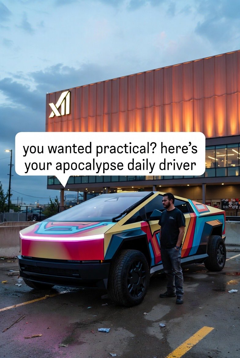 Deepview777's tweet photo. Update: Grok Imagine just added a ‘Grok will never go to therapy’ mode to my Cybertruck design 😂
Now it roasts me in real time if I brake too hard.
What’s the most unhinged feature you’d want in a Grok-powered Cybertruck? Quote this with your idea
#GrokImagine #Cybertruck #xAI https://t.co/GxzNHc8gka