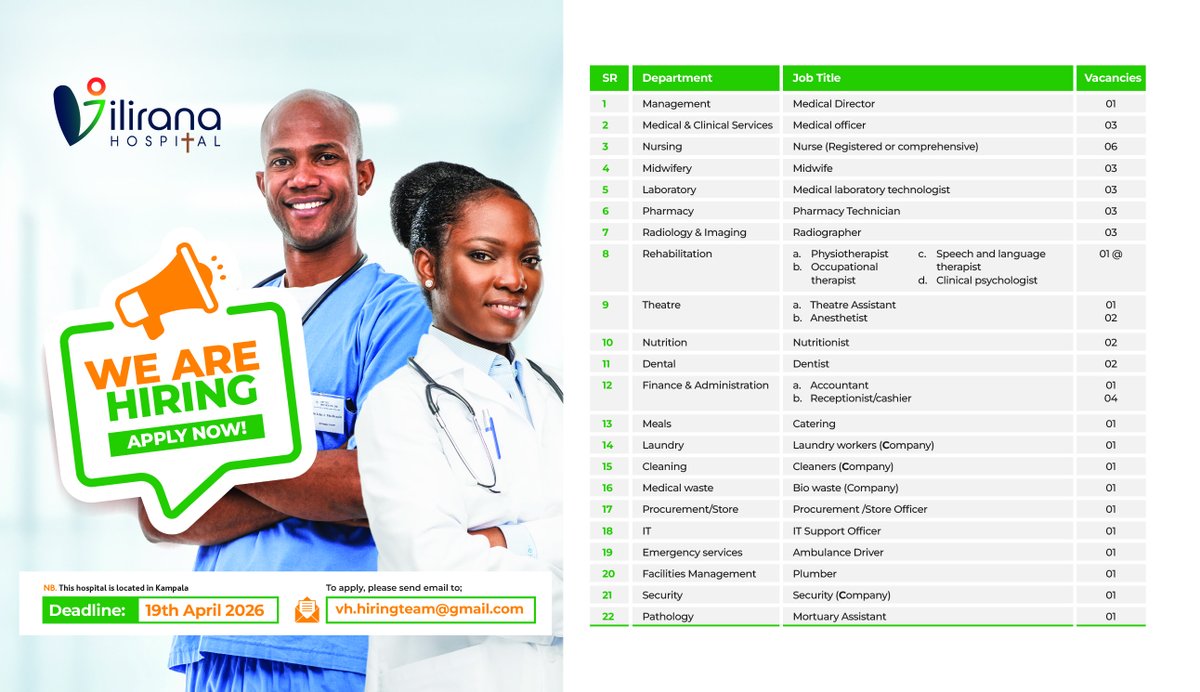 Vilirana's tweet image. 🚨 We’re Hiring!

Join Vilirana Hospital and be part of a team delivering world-class healthcare in Kampala. From medical professionals to support staff, opportunities await.

📅 Deadline: 19th April 2026
📩 vh.hiringteam@gmail.com

#WeAreHiring #KampalaJobs #HealthcareCareers