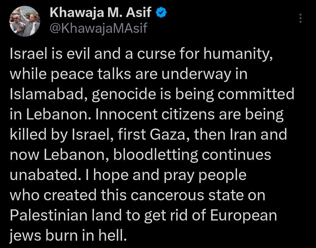 Awakeningmedia1's tweet photo. Khawaja Asif Flags Worsening Middle East Crisis, Calls Out Cycle of Violence

Pakistan’s Defence Minister Khawaja Muhammad Asif has strongly condemned the continued loss of civilian lives amid escalating tensions across the Middle East, warning that violence is spreading across multiple fronts.

He noted that while diplomatic efforts and peace talks are underway in Islamabad, the humanitarian situation continues to worsen in Lebanon. Referring to earlier devastation in the Gaza Strip and rising tensions involving Iran, Asif described the situation as an ongoing cycle of violence in which civilians are paying the highest price.

In his remarks, Asif also criticized the historical foundations of the conflict, expressing anger over the creation of the state of Israel on Palestinian land and holding its backers responsible for the continuing instability in the region. He concluded with a deeply charged statement reflecting frustration over what he described as prolonged injustice and suffering.