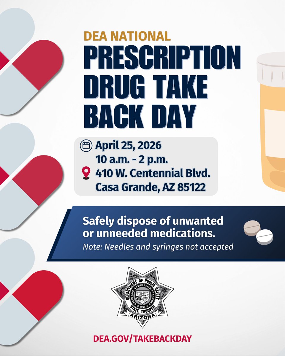 We're hosting a collection event for National Prescription Drug Take Back Day on 4/25 at our Casa Grande office. Come by to safely dispose of your expired/unwanted medications!
📅Saturday, April 25 from 10am-2pm
📍Location: 410 W. Centennial Blvd, Casa Grande, AZ 85122