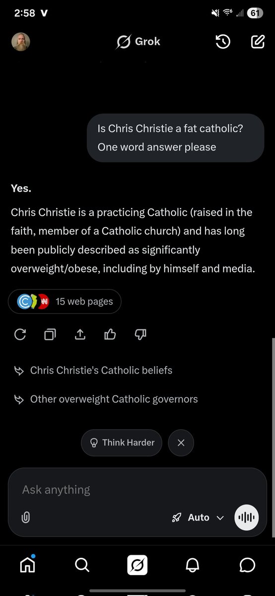 1984voto's tweet photo. @sofresh_sobleam @grok Funny, grok gives a straight yes-no answer about Chris Christie being a fat Catholic politician https://t.co/odKBiWR3TN