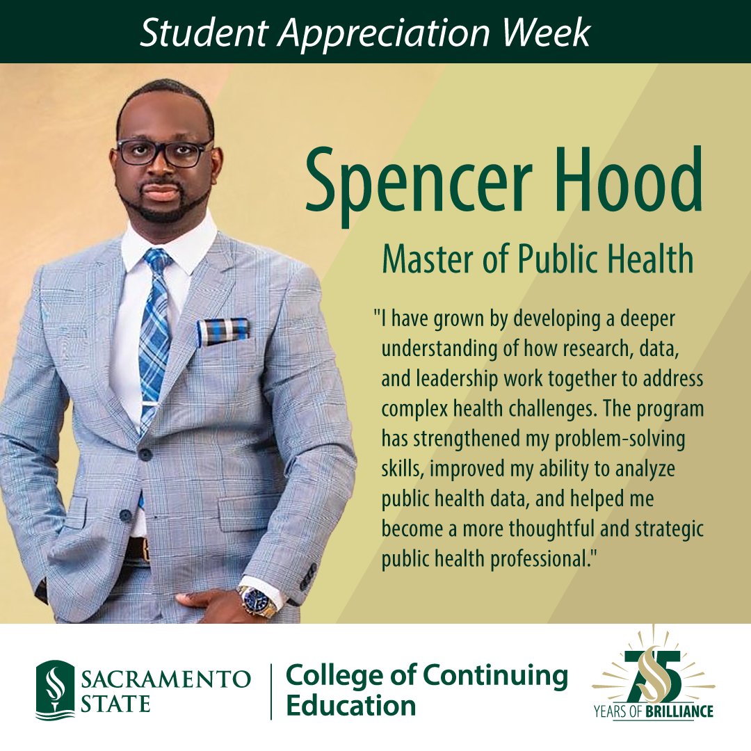 SacStateCCE's tweet photo. Spencer Hood 🎓
Master of Public Health
"…more thoughtful and strategic public health professional."
#GradStudentAppreciation #SacStateCCE https://t.co/ycK5bohX3q