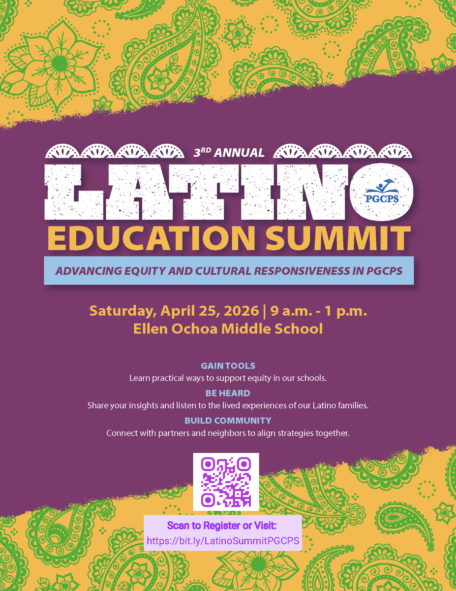 pgcps's tweet photo. Join us Sat, Apr 25 @ Ellen Ochoa Middle School for the Latino Education Summit! Workshops, childcare, entertainment, &amp; more. Register now! #LatinoEdSummit
https://t.co/VKGQJEJbtK https://t.co/IxR5HcAFOA
