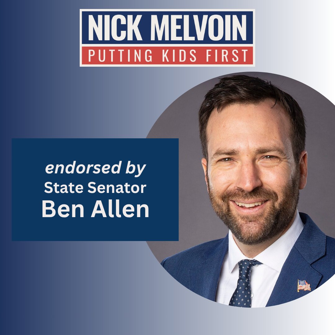 nickmelvoin's tweet photo. Proud to be endorsed by State Senator @BenAllenCA! It is crucial to work with the state of California to increase funding for our LAUSD schools and guarantee that all kids have the best start in life. https://t.co/A54tDBH5iz