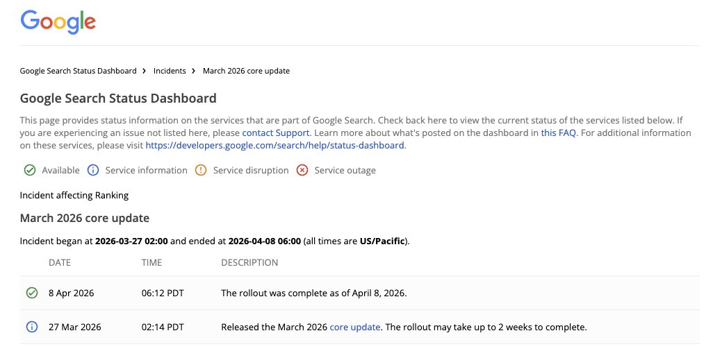 jringard's tweet image. Google Core Update Mars 2026

Déploiement terminé officiellement en 12 jours du 27/03 au 08/04

Pas de com particulière sur le fond, juste une mise à jour du dashboard. Silence radio, mais des mouvements dans les SERP ! 📈📉

On analyse tout ça. Bon vendredi !

#SEO #GoogleUpdate