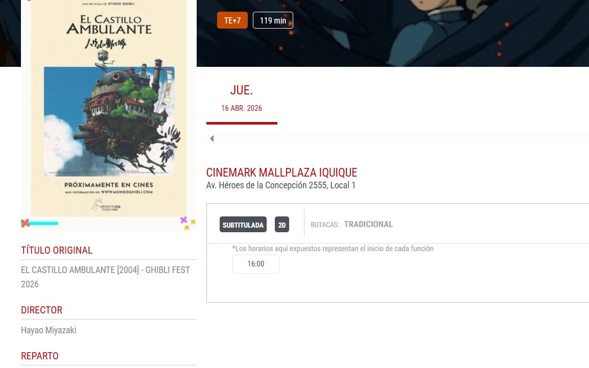 b_mokke's tweet photo. @CinemarkChile que ordinariez lo del castillo ambulante, una sola función acá en iquique, en un horario imposible https://t.co/oz88GBtBr4