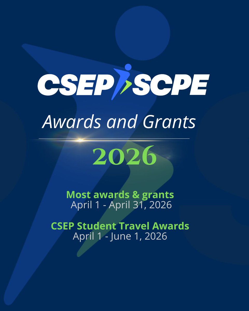 csep_scpe's tweet photo. Submissions for the 2026 CSEP Awards and Grants are open!

Apply by April 30, 2026, to be recognized for your contributions to exercise science and kinesiology. The CSEP Student Travel Awards closes June 1, 2026. 

CSEP offers a variety of awards and grants for students, researchers, and professionals across our community. Nominate yourself or a colleague to celebrate the leadership and innovation shaping our field.

For details or help, contact Member Services at info@csep.ca.

Learn more: https://t.co/MZCfiChwMT

____________________________________

Les candidatures pour les Prix et Subventions de la SCPE 2026 sont ouvertes!

Postulez avant avril 31 2026 pour être reconnu pour vos contributions aux sciences de l’exercice et à la kinésiologie. La bourse de voyage pour étudiants 
de la SCPE est fixée au 1er juin 2026. 

La SCPE propose une variété de prix et de subventions destinés aux étudiants, chercheurs et professionnels de notre communauté. Proposez votre propre candidature ou celle d’un collègue afin de célébrer le leadership et l'innovation qui façonnent notre domaine.

Pour plus d’informations ou pour obtenir de l’aide, contactez les Services aux membres à info@csep.ca.

En savoir plus : https://t.co/MZCfiChwMT

#CareerHub #CSEPCertified #ExerciseScience #PersonalTraining #FitnessResearch #CSEPGoldStandard #ExercisePhysiology #PhysicalActivity #ActiveLiving #HealthAndWellness #StrengthAndConditioning #FitnessEducation #CertifiedTrainer #EvidenceBasedFitness #CSEPCommunity
