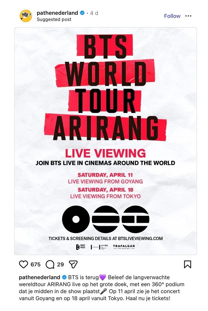 DbyD_NL's tweet photo. #Pathe #Nederland:  
#BTS is terug💜 Beleef de langverwachte wereldtour ARIRANG live op het grote doek, met een 360° podium dat je midden in de show plaatst🎤 Op 11 april zie je het concert vanuit Goyang en op 18 april vanuit Tokyo. Haal nu je tickets!
#방탄소년단 #BTS_ARIRANG https://t.co/ZHZVGA6vJm