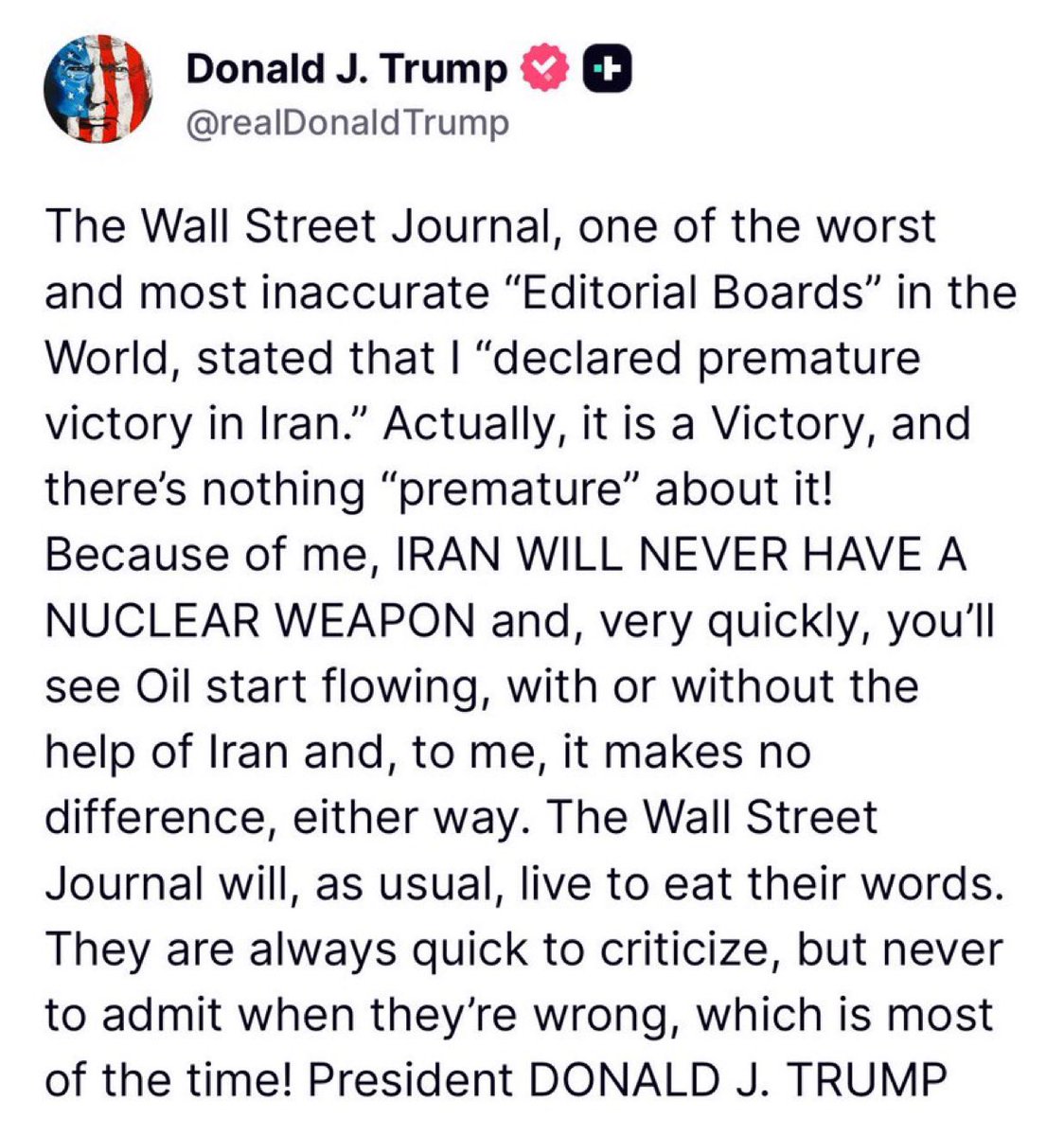 ترامب يتهم وول ستريت جورنال بعد وصفه انتصاره بـ«المبكر» ويؤكد منع إيران من الحصول على سلاح نووي