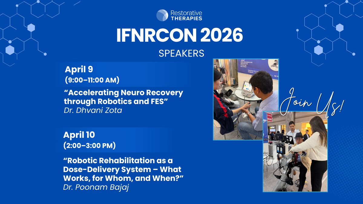 rticonnect's tweet photo. Join Restorative Therapies at IFNRCON 2026.

Visit Booth SP10 for live demos of Xcite2 and RT300 supporting neurorehabilitation outcomes.

Speaker sessions:
Dr. Dhvani Zota (9 April)
Dr. Poonam Bajaj (10 April)

#IFNRCON2026 #Neurorehabilitation #FES https://t.co/x6kkGEPrgu