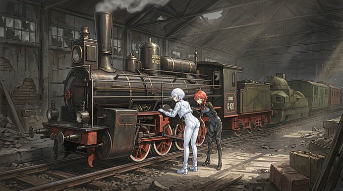 #ラストトレインガールズ
ドライバー(白服)「嘘! これ炉が生きてるというか動いてるじゃん! 燃料もあるし!」
メカニック(赤毛)「えぇぇぇ? あ、ほんとだ。これで逃げましょうよ!」

かくして少女たちは機関車を使い、敵襲を回避。当てもない異世界の旅に漕ぎ出した。 