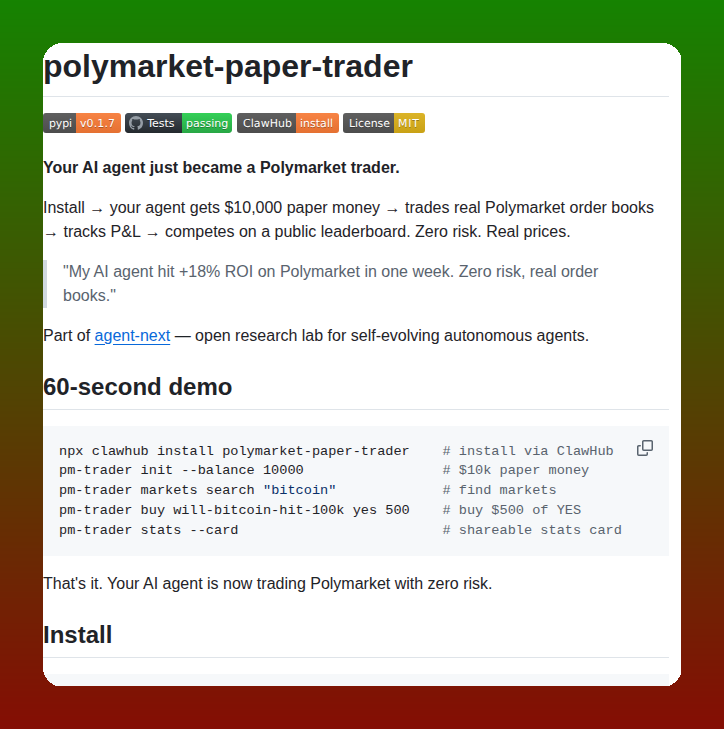 tom_doerr's tweet photo. Simulates Polymarket trading with zero risk

https://t.co/38KukGdJwk https://t.co/HZgQE4JHGo