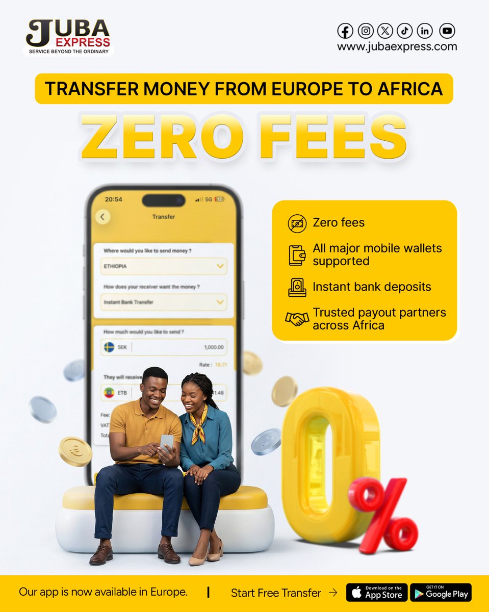 JubaExpress's tweet photo. Your hard earned money deserves a journey without detours. With Juba Express, it travels fast, arrives safe, and costs you absolutely nothing.

#jubaexpress #sendmoney #remittanceafrica #EuropeToAfrica https://t.co/vKTQh8cGhy