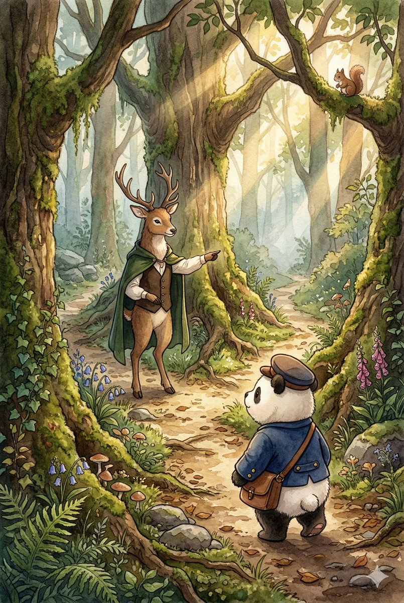 Panda_Studio_Ai's tweet image. みちが ふたてに わかれています。どっちだろう。ポルが たちどまると、シカが すっと あらわれて、みぎの みちを しずかに さしました。#パンダ #panda #パンダ絵本 #てがみをとどけに