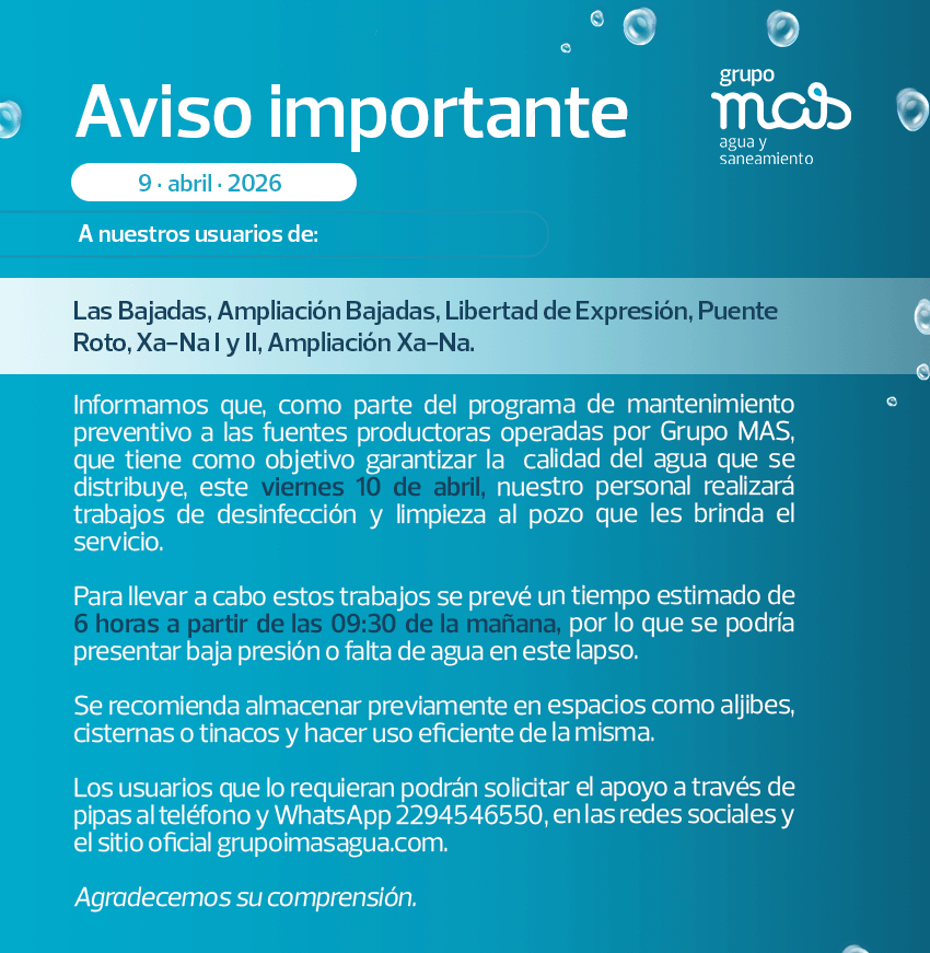 GrupoMASAgua's tweet photo. Aviso importante a nuestros usuarios de: Las Bajadas, Ampliación Bajadas, Libertad de Expresión, Puente Roto, Xa-Na I y II, Ampliación Xa-Na. 💧
#Veracruz #GrupoMAS https://t.co/1xs2EQxxjI