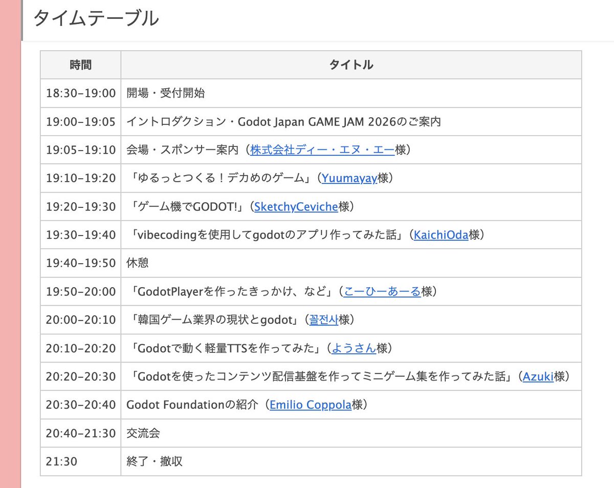 korinVR's tweet photo. 4/16（木）夜に渋谷DeNAさんのところで開催のGodot Meetup Tokyo Vol.7、セッション内容が出揃いました。来日中のGodot FoundationのEmilio Coppolaさんにもトークいただきます。参加枠がまだありますので気軽にお越しくださいませ！ https://t.co/oss224CfK5 #GodotMeetupTokyo https://t.co/yPw8fkhM5N