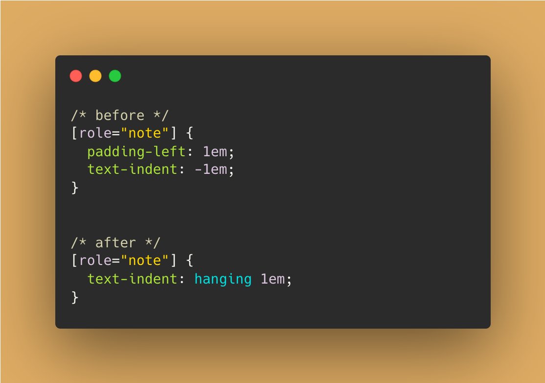 tak_dcxi's tweet image. 注釈などで２行目以降を字下げする実装、text-indent の hanging キーワードが全コアブラウザでサポートされたのでこちらを使用してください。
