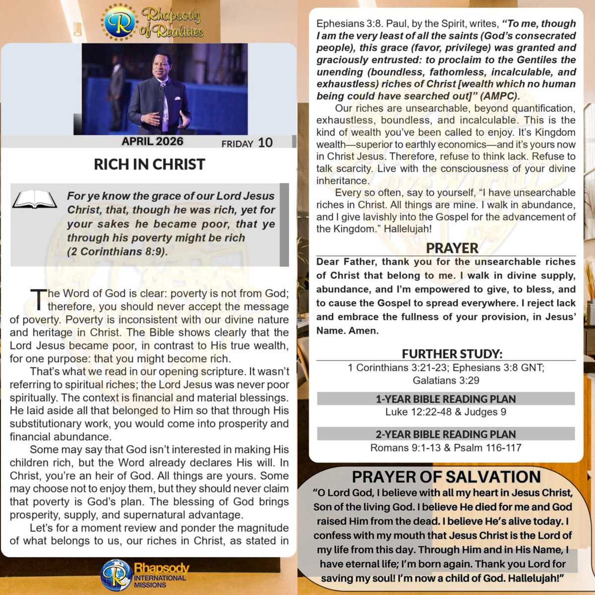 RhapsodyDaily's tweet image. Poverty is not from God so you should never accept the message of poverty. It's inconsistent with our divine nature and heritage in Christ. 

The blessing of God brings prosperity, supply, and supernatural advantage, so refuse to think of lack or talk scarcity. #RichInChrist
