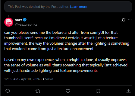 vazzgraphics_'s tweet photo. yo bro, why did you delete your reply where you said you only used ComfyUI to "improve the texture", and also hide my response after I asked for a before and after the texture improvement? maybe your work that you claim is “not AI” actually is made with AI hahaha

honestly, it would be way better if you just admitted it instead of making all these posts and ridiculous comments pretending to be something you’re not, that video you made showing the squirrel artwork is one of the most embarrassing things I’ve ever seenm the way you get lost in your words and just keep repeating “photo manipulation” is ridiculous. obviously it’s going to be photo manipulation, especially considering that back then we didn’t have all the tools we have today

please bro, just stop being a compulsive liar who lies to himself and admit that you use AI, simple, no one’s going to judge you