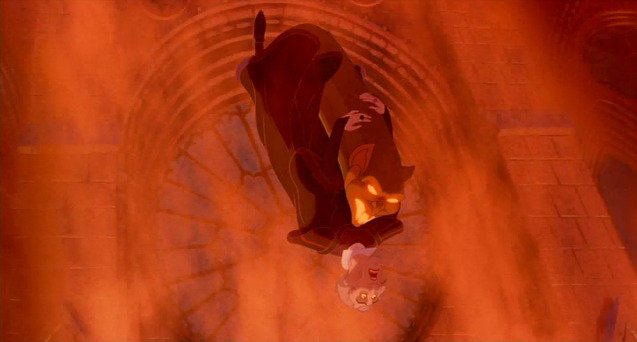 Frollo
La ironía de su muerte es genial. Se las dió de puritano mientras hacía cosas horribles en nombre de Dios, y todo para que termine cayendo desde una iglesia a las llamas como las del infierno al que tanto temía ir mientras una gárgola se ríe en su cara. La ironía pura