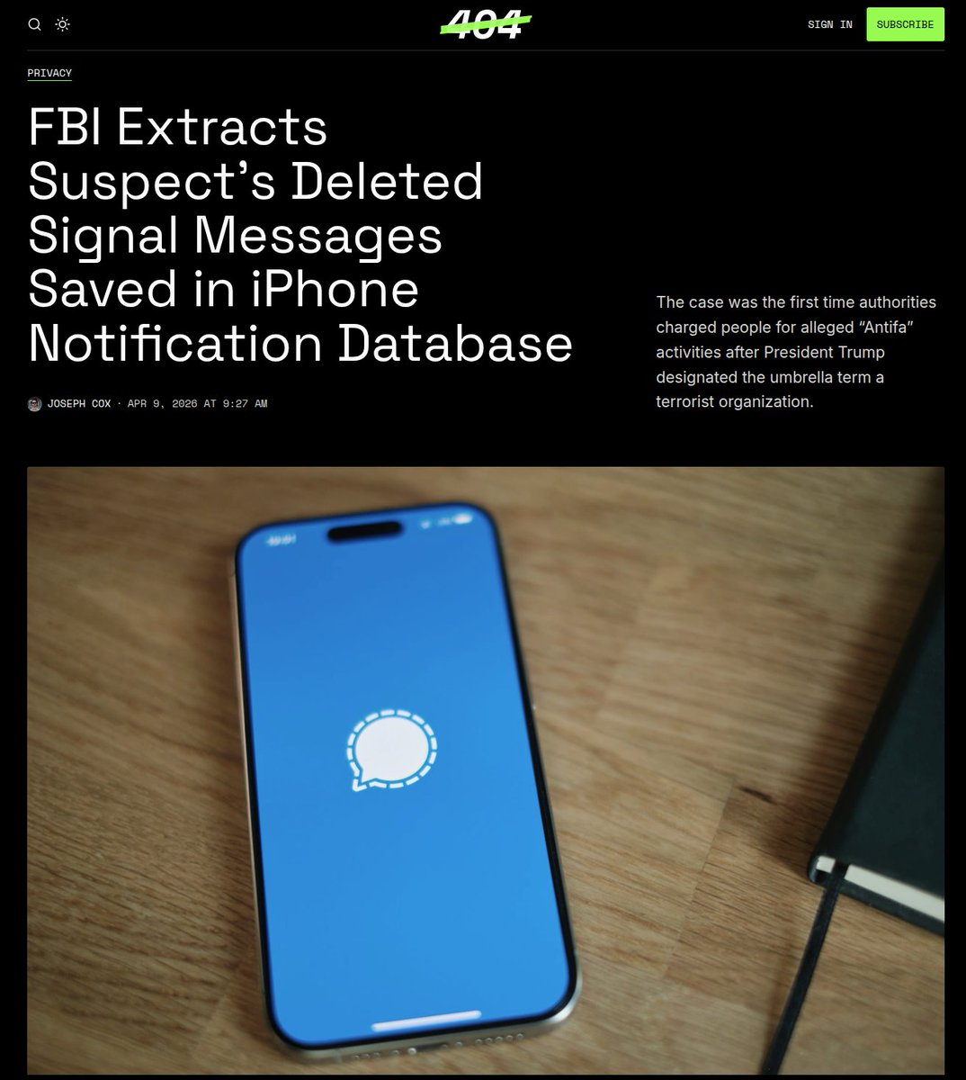 CR1337's tweet photo. FBI Extracts Suspect’s Deleted Signal Messages Saved in iPhone Notification Database:

Especially when you are using Signal on an iPhone, and your settings in the Signal app allow for message notifications and previews to show up on the lock screen, the device will store the previews in the internal memory of the device!