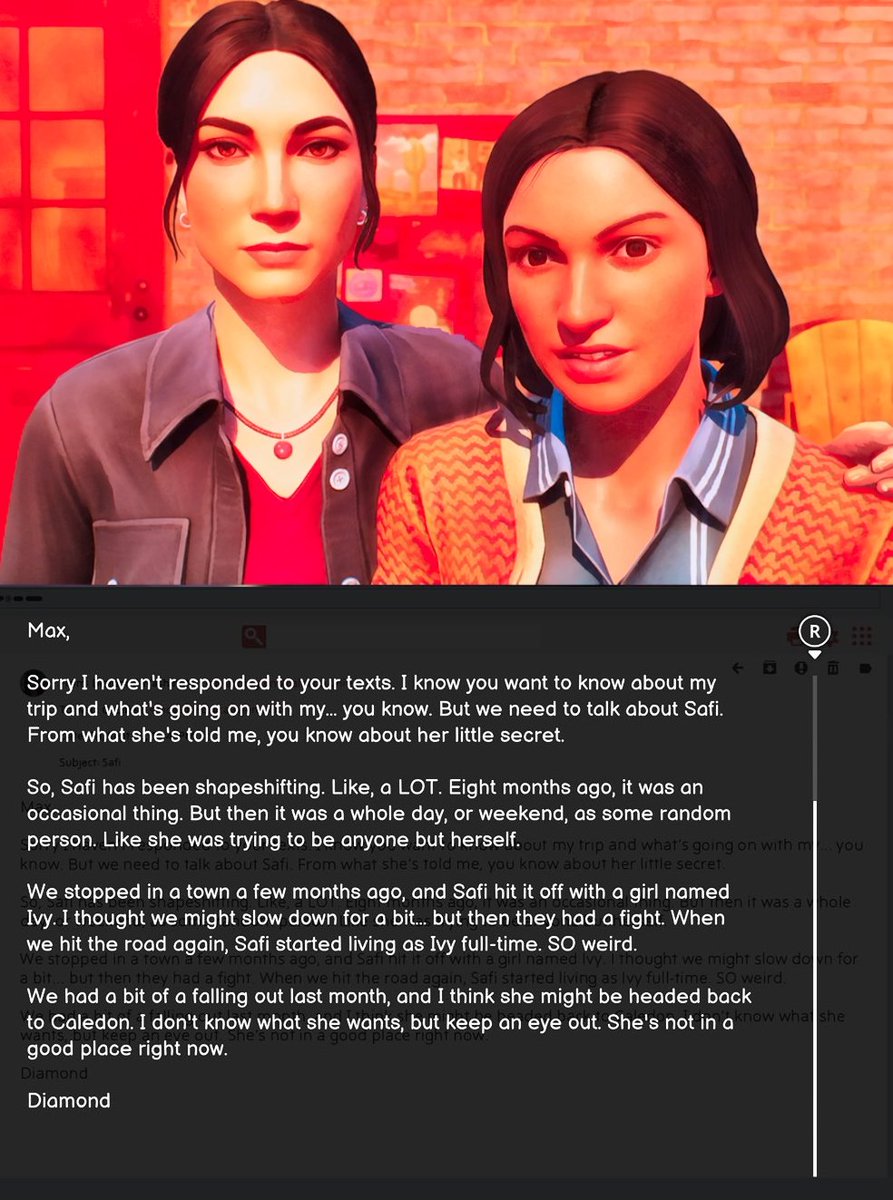 TrishxCaulfield's tweet image. When Max asks the student (Safi in disguise) their name? She just stands there without saying anything before walking off. Guess this body Safi is using is Ivy's which Diamond spoke about in a email on Max's Laptop. #LifeisStrangeReunion #Diamond #Safi #SecretsofCaledon #PS5Share